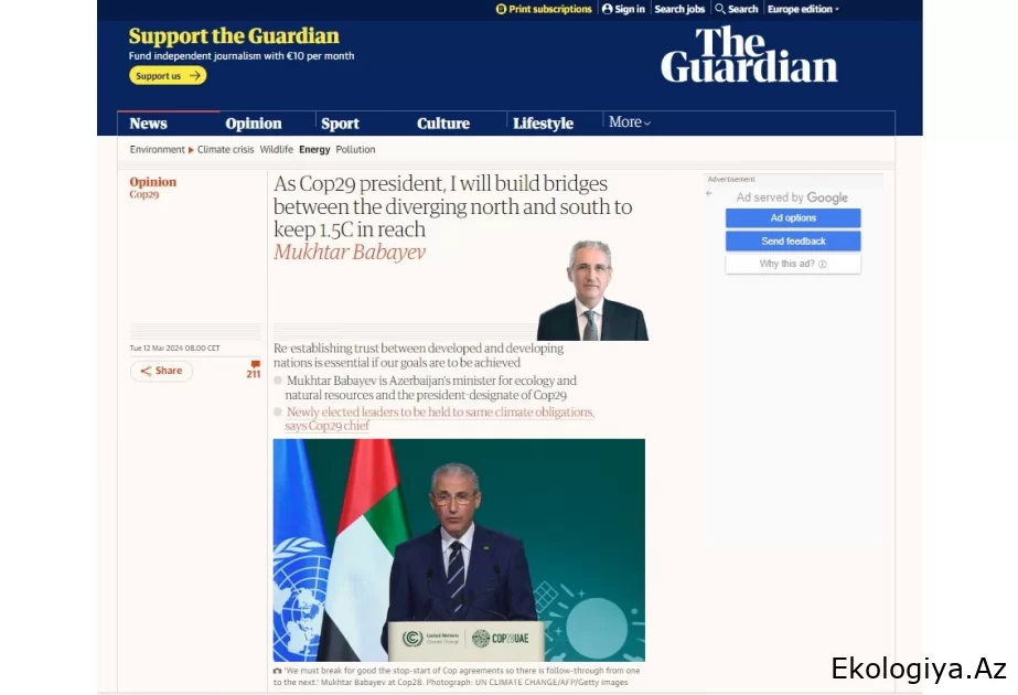 COP29-un prezidenti Muxtar Babayev “The Guardian” nəşrinə müsahibə verib