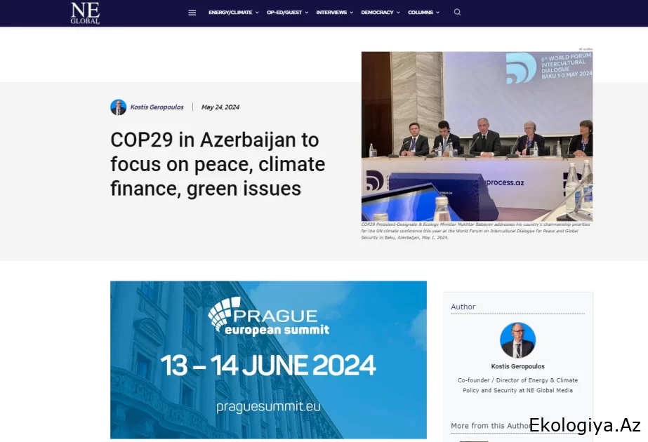 “NE Global” nəşri: Azərbaycanda keçiriləcək COP29 konfransı sülh, iqlim maliyyəsi, ətraf mühit məsələlərinə fokuslanacaq
