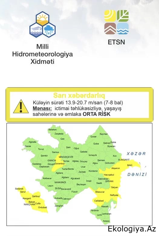 Küləkli hava şəraiti ilə bağlı sarı xəbərdarlıq edilib