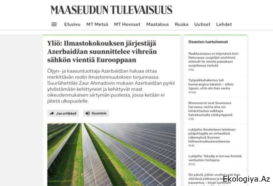 Finlandiya nəşrində Azərbaycan səfirinin COP29-da təşəbbüslər haqqında məqaləsi dərc edilib