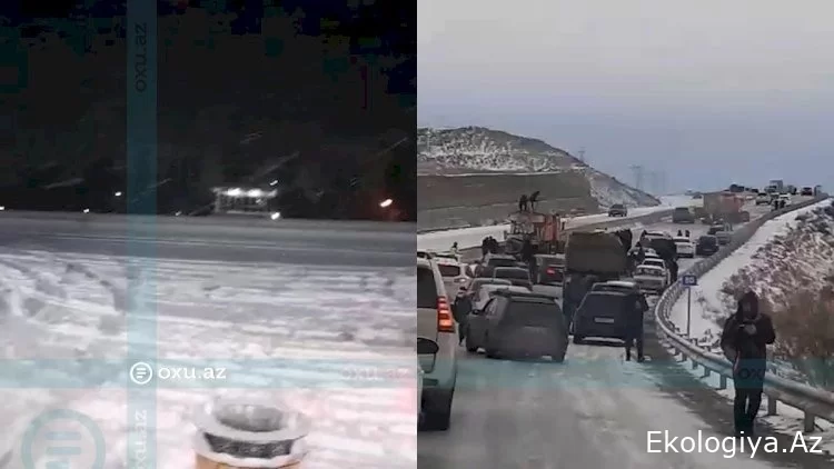 Qar və şaxtalı hava bu yolu iflic etdi: Sürücülər saatlarla yolda qaldılar