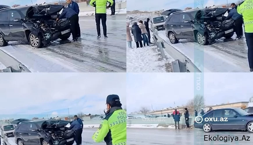 Bakı-Şamaxı yolu buz bağladı: İki avtomobil toqquşdu